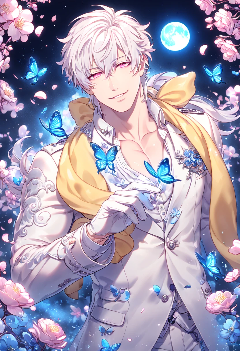absurdres, highres, ultra detailed, HDR, master piece, best quality, extremely detailed, Clear, white hair, expressive pink eyes, Dramatical Murder, solo, sexy man, handsome, handsome smile, manly man, sensual, horny, white coat, white shirt, yellow scarf, white gloves, fantasy, magical, blue moon, blue flowers, blue butterflies, blue petals, blossoms, water
