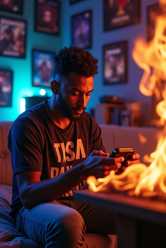 Create a mascot where it's an adult, brown-skinned gamer guy playing with a phone and flames around him that says MUICHIRO18JC DOWN