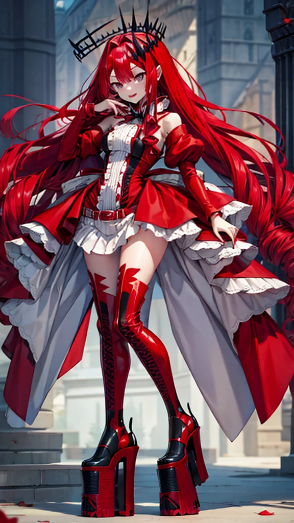 Red long hair girl，vampire，Chest，red dress，Bare Legs，Platform shoes，Standing，Medieval European castles