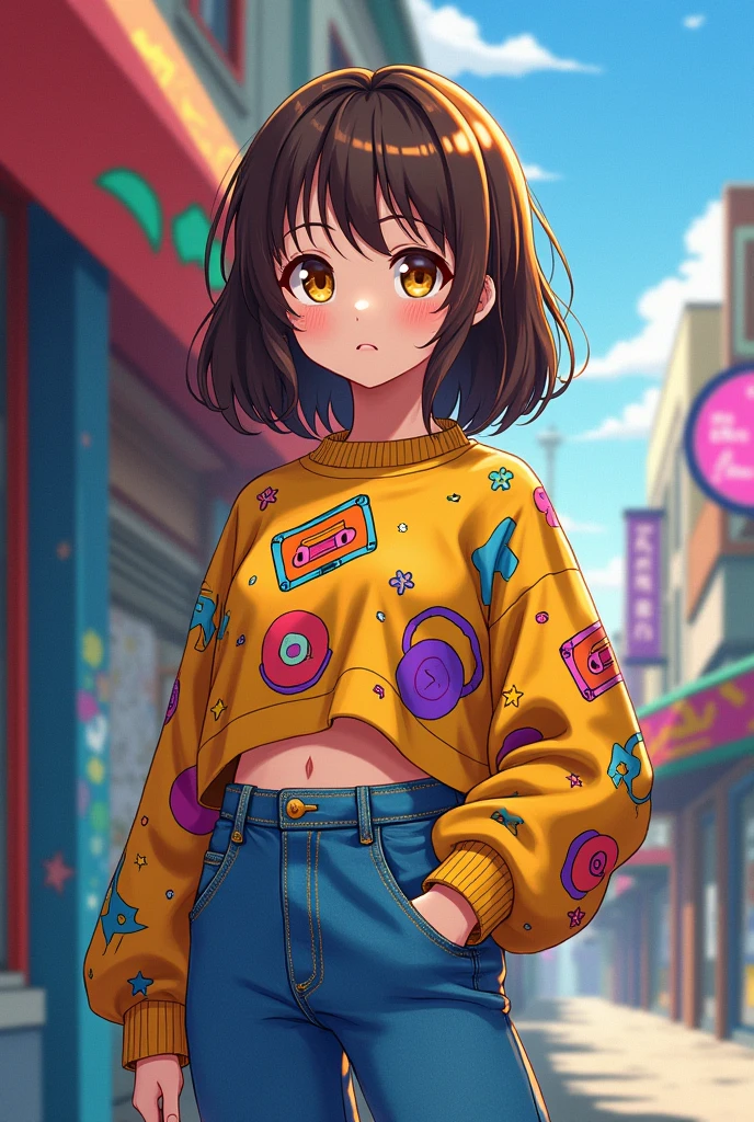 Girl on the left, short, shoulder-length brown hair, yellow eyes, wearing 1990s clothing. anime style.