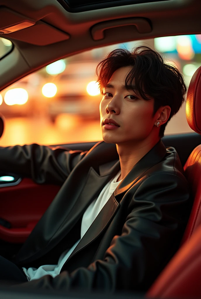 Faça uma imagem de Christopher bang (lider do stray kids) em um carro 