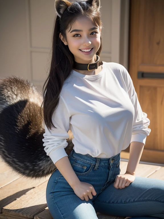((Highest quality, 8k)), ((masterpiece)), (Highest Resolution), Perfect Face, Raccoon-eared woman, Female college student, Beautiful woman, public, One tail, she has thick thighs, Big raccoon tail, She has a brown raccoon tail, She wags her tail, Laugh with your teeth showing, Fur collar, She is wearing a shirt and jeans., Beautiful Hips , The raccoon tail sticks out of her , Big B