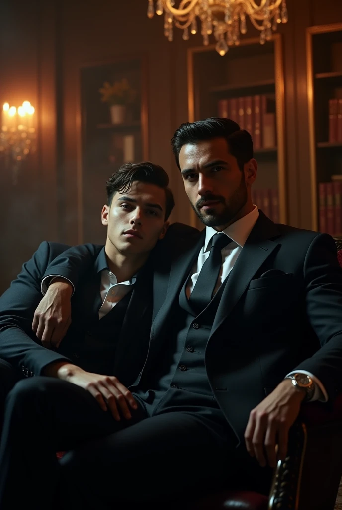 Create a cover for a Wattpad book that includes the following: It should be a realistic image of a Mafia man sitting in a chair with a 25-year-old beardless man sitting on his lap