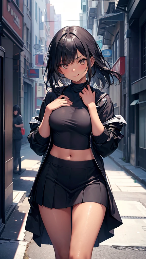 Serious age girls, Messy black hair, White eyes, Tanned dark skin, Stylish outfit, Attractive body, Dark and cold look, Detailed portrait, 8k, photograph (Highest quality) . ,4K,8k,High resolution,masterpiece:1.2),Very detailed,(Realistic,photoRealistic,photoRealistic:1.37),Vibrant colors,Sharp focus,Physically Based Rendering,Very detailedな,Professional tongue out, whole body,Thin legs,Beautiful legs,blush, smile, tight fitting clothes that emphasize their bust,Small breasts,Ultra mini skirt,OL,
