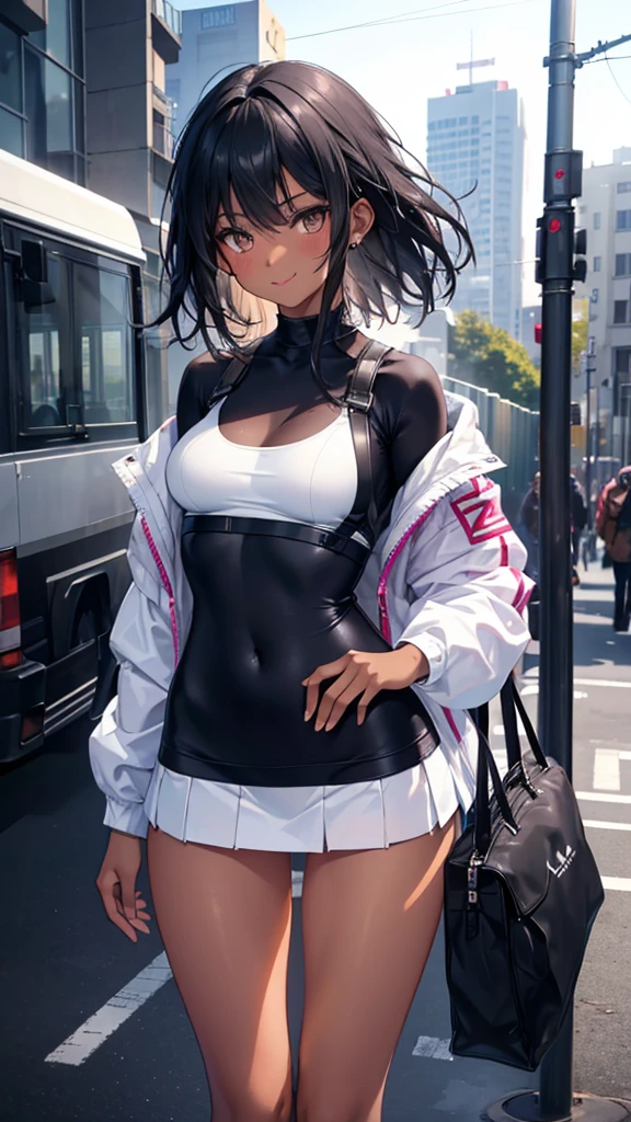 Serious teenage girls, Messy black hair, White eyes, Tanned dark skin, Stylish outfit, Attractive body, Dark and cold look, Detailed portrait, 8k, photograph (Highest quality) . ,4K,8k,High resolution,masterpiece:1.2),Very detailed,(Realistic,photoRealistic,photoRealistic:1.37),Vibrant colors,Sharp focus,Physically Based Rendering,Very detailedな,Professional tongue out, whole body,Thin legs,Beautiful legs,blush, smile, tight fitting clothes that emphasize their bust,Small breasts,Ultra mini skirt,OL,