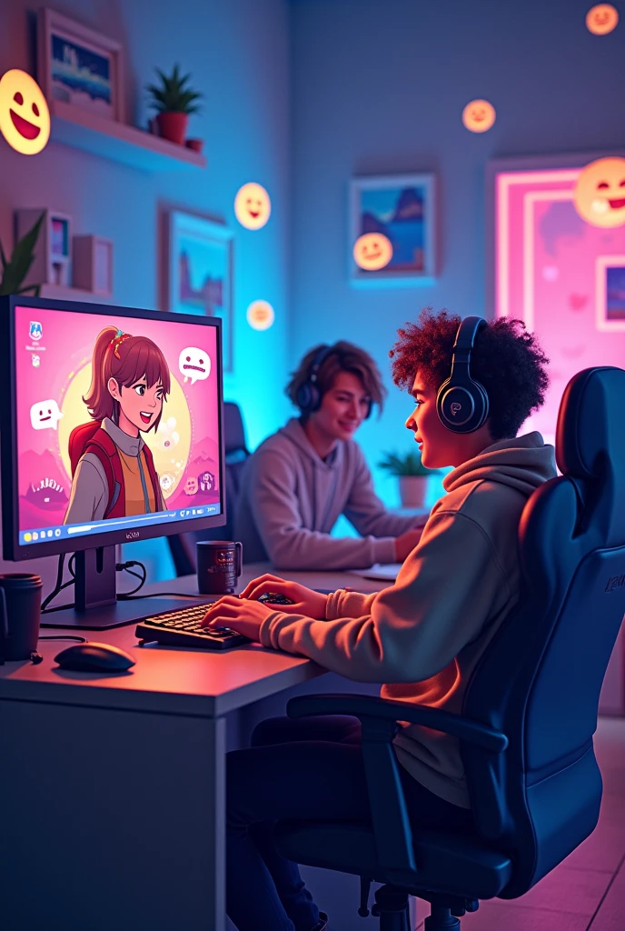 internet, role a, discord, friendship, virtual environment, Do the same thing, but with all of them by computer and far apart from each other, as if they were messaging.