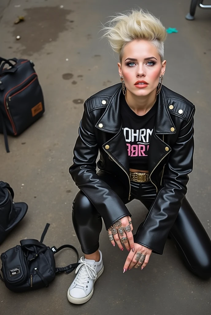 old russian milf, platinum blonde hair, long neck, long hair in pompadour male style with shaved sides but long in the back. Big light blue eyes, very pale, excess of makeup. Wearing black moto jacket with popped up collar, cropped rock band t-shirt with low neckline, black shiny leggings and dirty white tennis sneakers. Big loop earrings. Wide tacky belt with big buckle, dog collar, lots of rings and studded bracelets , Full body, kneeling with thumbs in pockets in the street, looking up in awe. Point of view from above