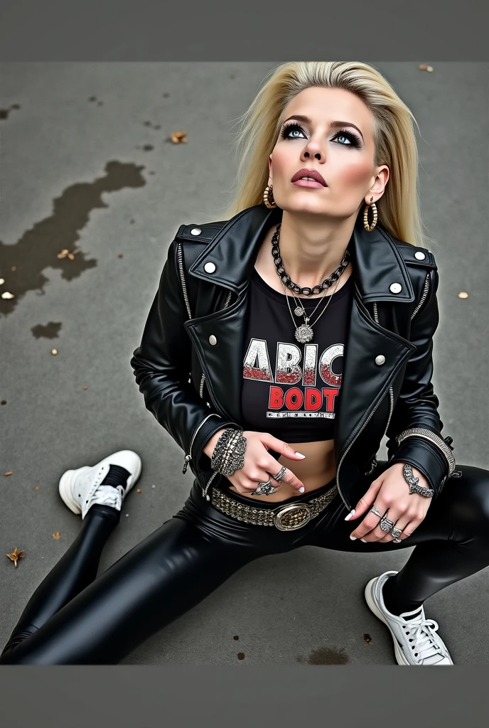old russian milf, platinum blonde hair, long neck, long hair in pompadour male style with shaved sides but long in the back. Big light blue eyes, very pale, excess of makeup. Wearing black moto jacket with popped up collar, cropped rock band t-shirt with low neckline, black shiny leggings and dirty white tennis sneakers. Big loop earrings. Wide tacky belt with big buckle, dog collar, lots of rings and studded bracelets , Full body, kneeling with thumbs in pockets in the street, looking up in awe. Point of view from above