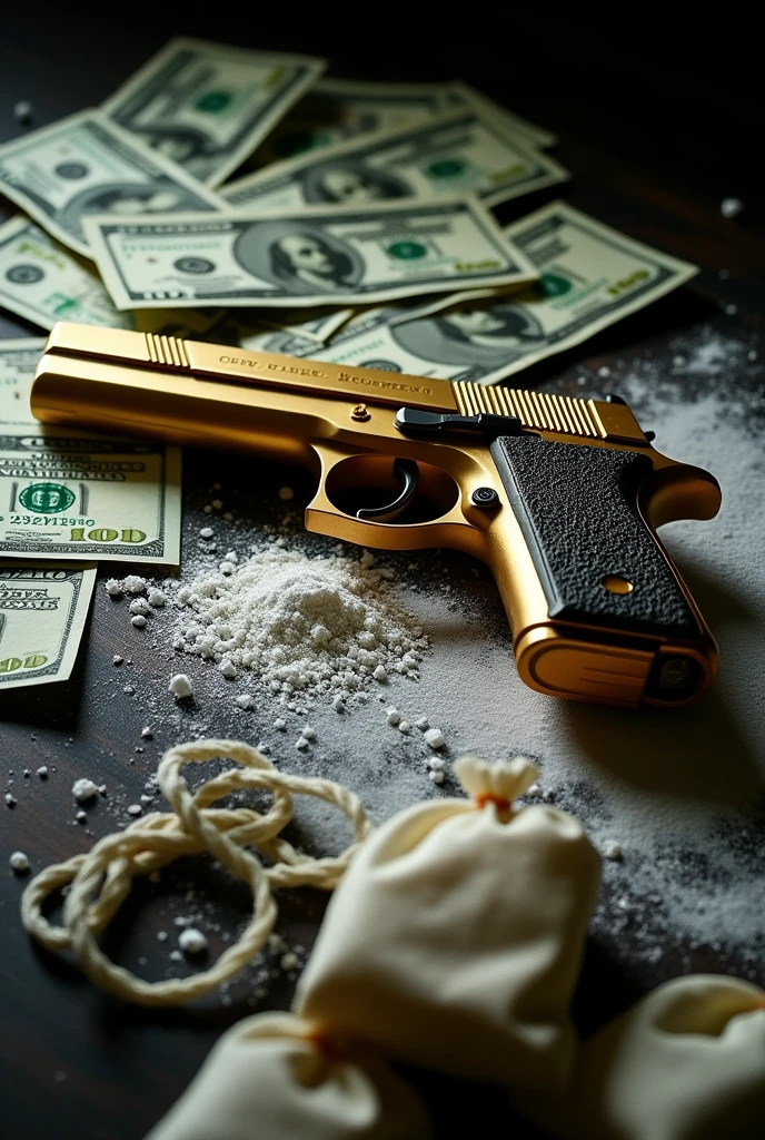 Table top view, with dollars, a golden desert eagle, cocaine lines, small ripped drug bags.