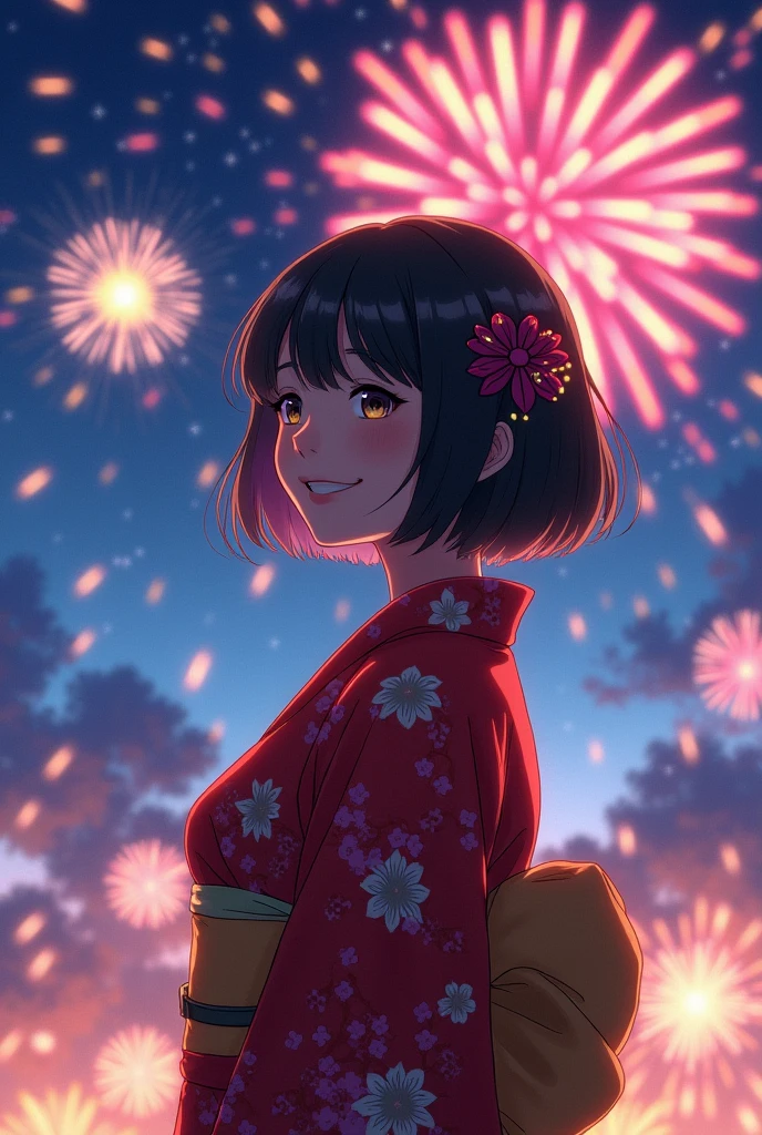 absurd resolution, high resolution, (work of art: 1.4), super verbose, (1 Woman: 1.3), (standing alone: 1.4), fireworks, short bob, short bob, kimono, looking back, Closing Your Eyes, smiling, Lumiere, Makoto Shinkai style, rosto super close-up, Ultra-thin illustration, bright coloured, cinematic Lumiere, exciting Lumiere production, attention to the details, bright coloured, hair clips, kimono, large side breasts, looking back, glad, ssmile, from low, Woman