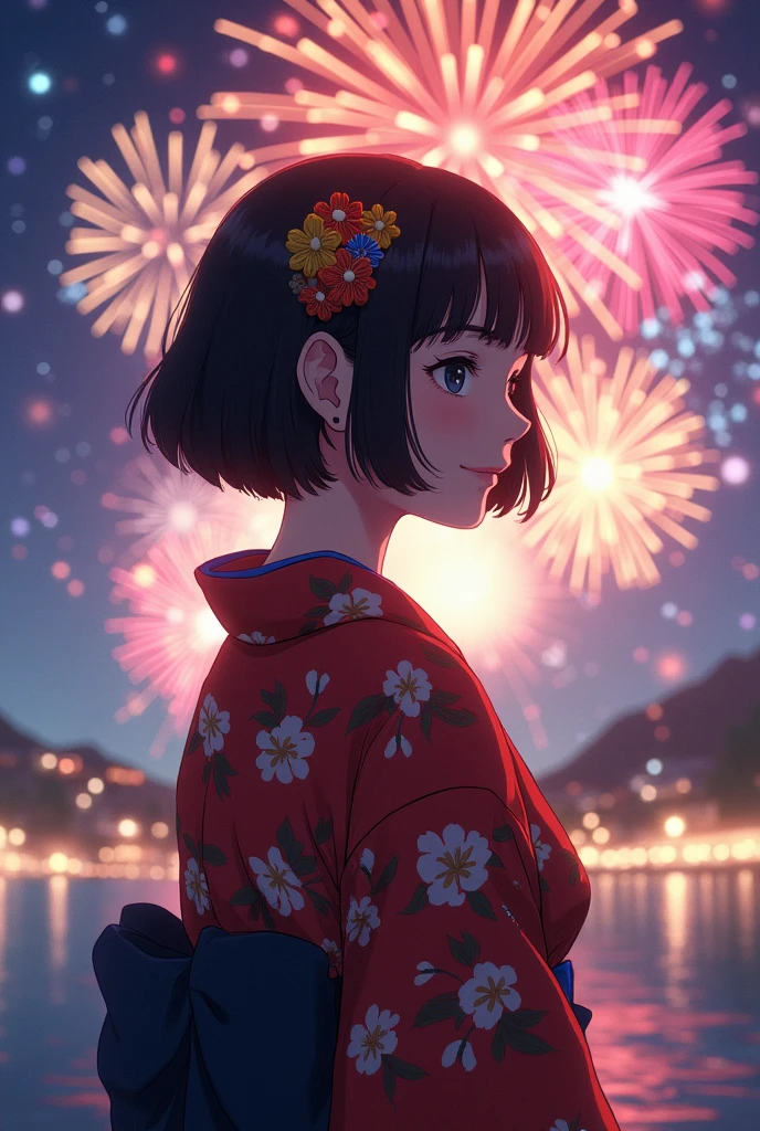absurd resolution, high resolution, (work of art: 1.4), super verbose, (1 Woman: 1.3), (standing alone: 1.4), fireworks, short bob, short bob, kimono, looking back, Closing Your Eyes, smiling, Lumiere, Makoto Shinkai style, rosto super close-up, Ultra-thin illustration, bright coloured, cinematic Lumiere, exciting Lumiere production, attention to the details, bright coloured, hair clips, kimono, large side breasts, looking back, glad, ssmile, from low, Woman