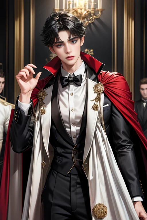 masterpiece, 最high quality, high quality, 1 boy, alone, Male focus, Watching the audience, Messy black hair, Adorable big blue eyes, White people, Noble, Noble,Sexy voluminous black and red cape、Tuxedo、A very voluminous, large, very large, very large, long, long red and black cape with a high stand-up collar, reaching down to the floor, made of a lot of fabric., ,Cute beautiful boys,Cute, cute, kind, handsome guy