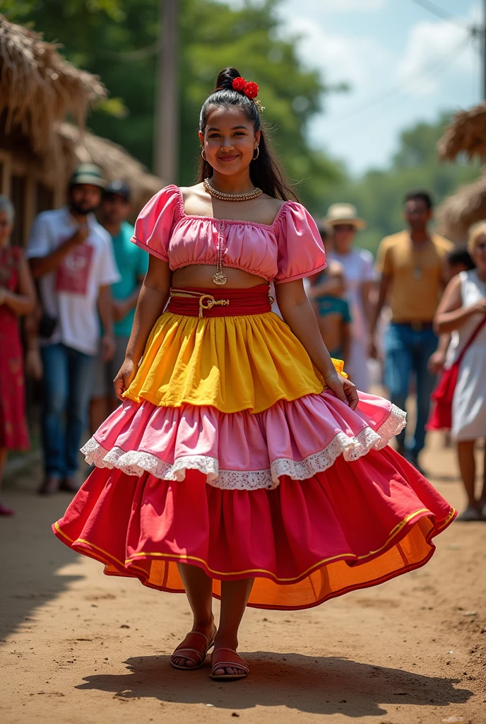 A traditional dress of the June festival quadrilhas, well-worn with several layers of ruffles made of voile, In the colors of cave paintings and the culture of Piauí