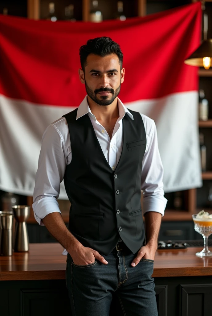 a masculine Jewish man in front of indonesia flag, wearing modern bartender outfit