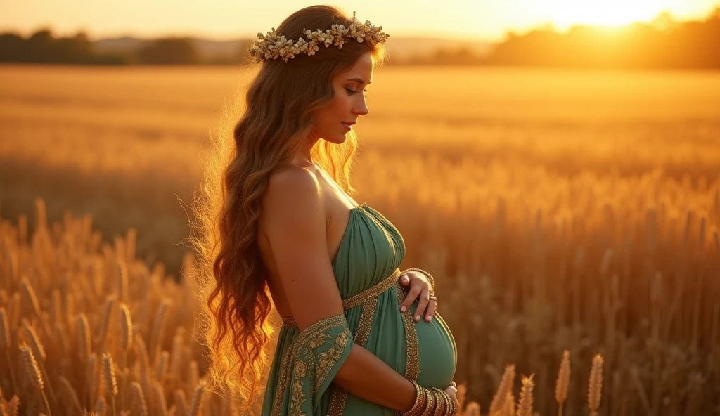 Greek goddess with stylish clothes in greenish tones with golden threads, gold bracelet, golden arrangement on the head, pregnant with fair skin and long wavy light brown hair reminiscent of the figure of the goddess DEMETER, In the background, a wheat field at sunset, convey depth, The goddess is fully connected to her womb and her baby