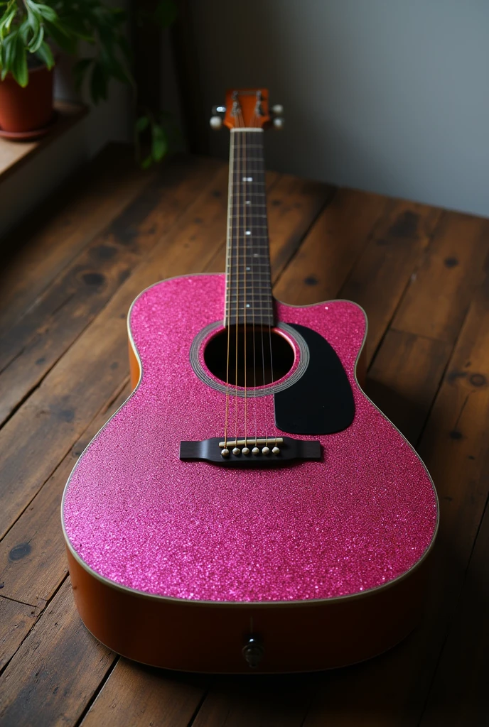 Acoustic guitar decorated with pink glitter in a lighter tone whose shine is intensely strong on a wooden table without light