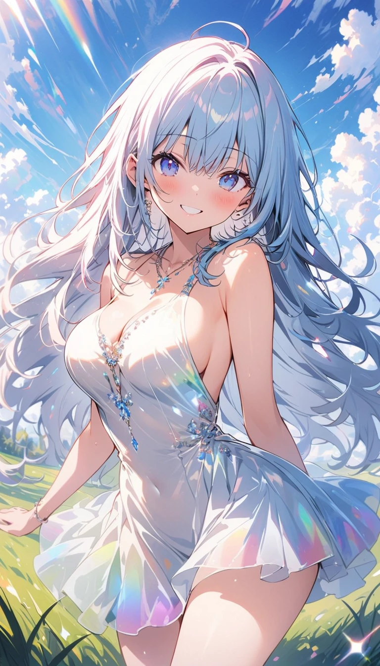 expensivequality illustration, masterpiece, Very delicate and beautiful, attractive,(White floral dress,One-piece with glittering decorations,expensive_White rainbow gradient dress、skirt、slit),thin,Slender body,slim,high school student,Grassland Background,Princess, Beautiful Eyes、smile、blush,(masterpiece, Highest quality:1.2), expensiveres, Very detailed CG ユニティ 8k 壁紙, Perfect lighting, colorful, ultra-expensive res,4K,Very detailed, photograph, 8k, High resolution,、Vibrant 、Big Breasts、thigh