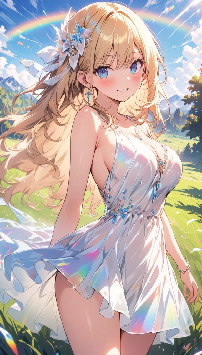 expensivequality illustration, masterpiece, Very delicate and beautiful, attractive,(White floral dress,One-piece with glittering decorations,expensive_White rainbow gradient dress、skirt、slit),thin,Slender body,slim,high school student,Grassland Background,Princess, Beautiful Eyes、smile、blush,(masterpiece, Highest quality:1.2), expensiveres, Very detailed CG ユニティ 8k 壁紙, Perfect lighting, colorful, ultra-expensive res,4K,Very detailed, photograph, 8k, High resolution,、Vibrant 、Big Breasts、thigh