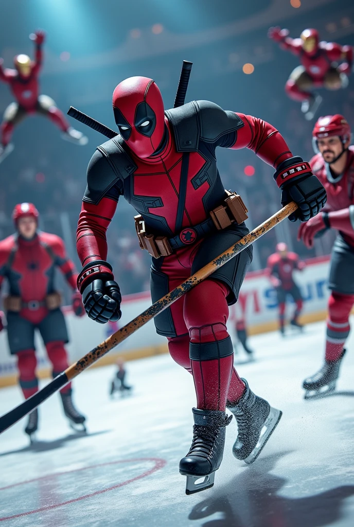 Wade Wilson shooting a goal in the Deadpool costume, while other Marvel characters watch