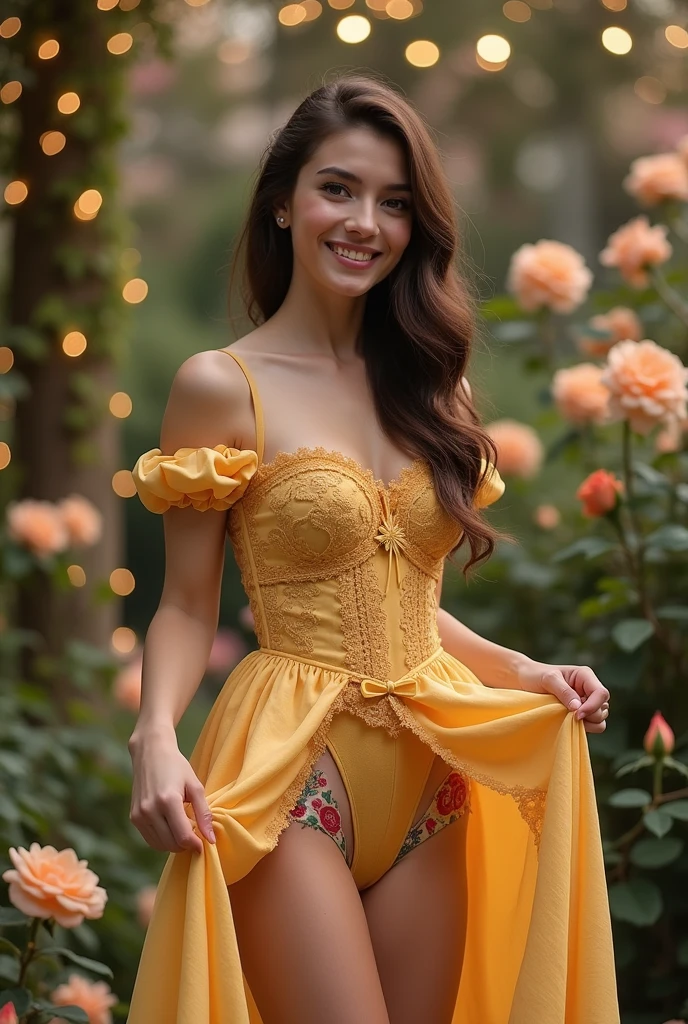 Brunette influencer, Cosplay as Belle in her matron outfit, pulling up her dress dress revealing cute cotton panties, cute smile