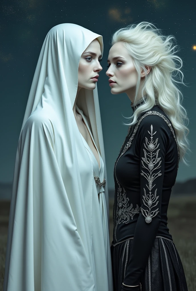 Create a woman with pale white skin, wearing a white robe that covers her entire body and head, with a round face and a height of 1.56, and winged, make a woman with messy white hair wearing medieval-style black clothing.