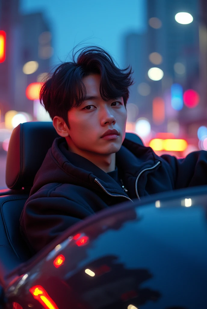 Faça uma imagem de Christopher bang (lider do stray kids) em um carro 