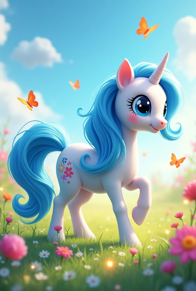 A My Little Pony pony with a white body, blue mane and tail, and blue eyes.