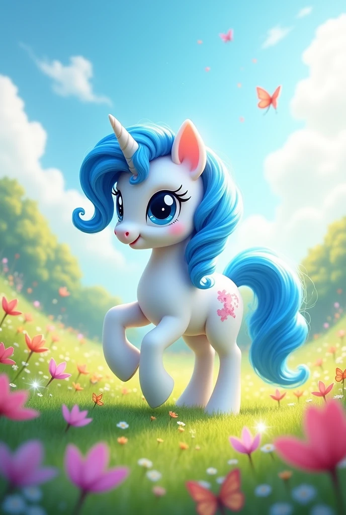 A My Little Pony pony with a white body, blue mane and tail, and blue eyes.