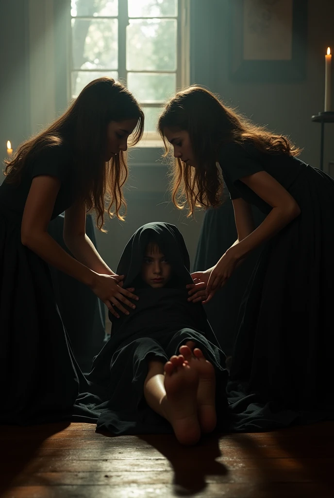 Group of girls with long black skirts
Suffocating a boy on the floor with a black bag over his head