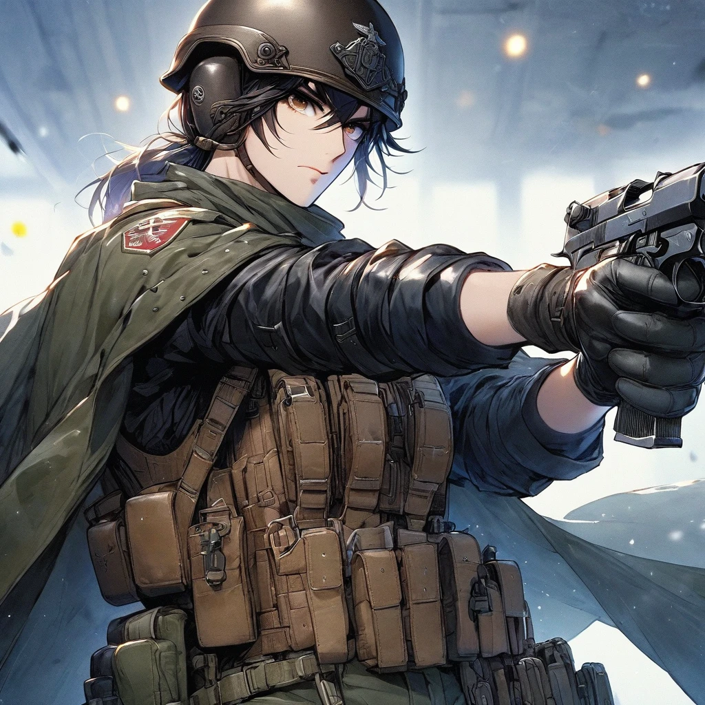 one men, wearing military outfit, ready for combat, he is wearing an overcoat preto, inspired by Oka Yasutomo, using an m1 helmet, profile pic, he is wearing an overcoat, in full military garb, soldier clothing, roupa militar, embroidered, full costume, brunette skin, long black hair, eyes browns, holding luger p08, war at the background