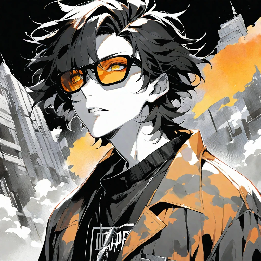Solo,handsome, monochrome,watercolor,1 male, short hair, asymmetrical bangs black hair, yellow eyes, Gojo Satoru,casual,Orange Rose T,black Oversized 服,casual,Stylish,cool,Wear sunglasses around your neck,Void,look up,
blackbackground,İcon,Despise face up