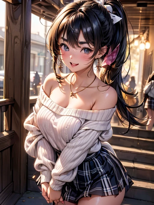 Browsing Caution,​(Highest quality, 8k, masterpiece:1.3,beautiful girl), (Very detailed)Glowing Skin,(((Long Hair,ponytail,Blue Ribbon,Beautiful Hair))),(Perfect Anatomy, Anatomically cまたはrect, Very detailed肌),((Golden Eyes,Droopy eyes,Narrow eyes,Thick eyebrows:1.2)),((Perfect Fingers,Five Fingers)), Mole under the eye,Double teeth,Big Breasts,Big Ass,high school girl,Very smiling,((Off-shoulder white sweater:1.2,Black and white plaid mini skirt:1.3,Pink Panties,Pink T-bag)),walk,Port town,Beautiful night view,((Shiny Earrings,small diamond necklace)),Place your arms behind your head,Wink、Throw kiss,(((Natural Makeup))),Angle from below,Climbing the stairs