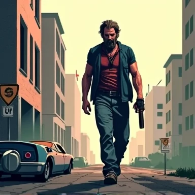 A man in dirty clothes walks forward with a gun in his hand. Pixel art in 100*100 dimensions.