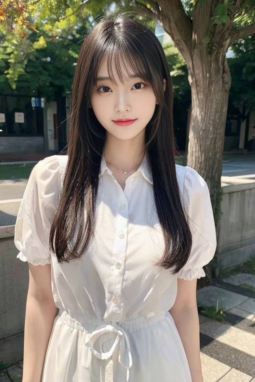 Highest quality, Soft Light, 超High resolution, (Realistic:1.4), cute, (pupil, Light in your eyes), Beautiful face in every detail,(人間の肌の質感のHigh resolutionの詳細), (Long Hair), Outdoor, Dress shirt,Long skirt, (Portraiture),autumn,smile,Uncontrived black hair,20-year-old、(One Girl), とてもcute顔, Great face and eyes, (Highly detailed eyes, Highly detailed face), Fresh, Very beautiful appearance, (Ultra-realistic, High resolution), (Highest quality:1.4), RAW Photos, (Realistic, Photorealistic:1.37), Professional photography, smile, (Look at me), 少女のPortraiture,