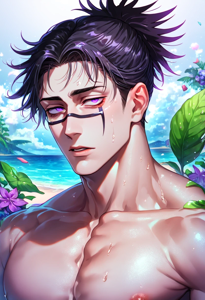 absurdres, highres, ultra detailed, HDR, master piece, Choso, black hair, expressive purple eyes, without shirt, Jujutsu Kaisen, toned chest, bare chest, sexy man, handsome, best quality, beach, fantasy, magical, solo, water, sensual, horny, green leaves, flowers, manly man, close up