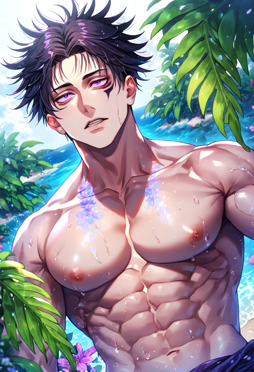 absurdres, highres, ultra detailed, HDR, master piece, Choso, black hair, expressive purple eyes, without shirt, Jujutsu Kaisen, toned chest, bare chest, sexy man, handsome, best quality, beach, fantasy, magical, solo, water, sensual, horny, green leaves, flowers, manly man, close up