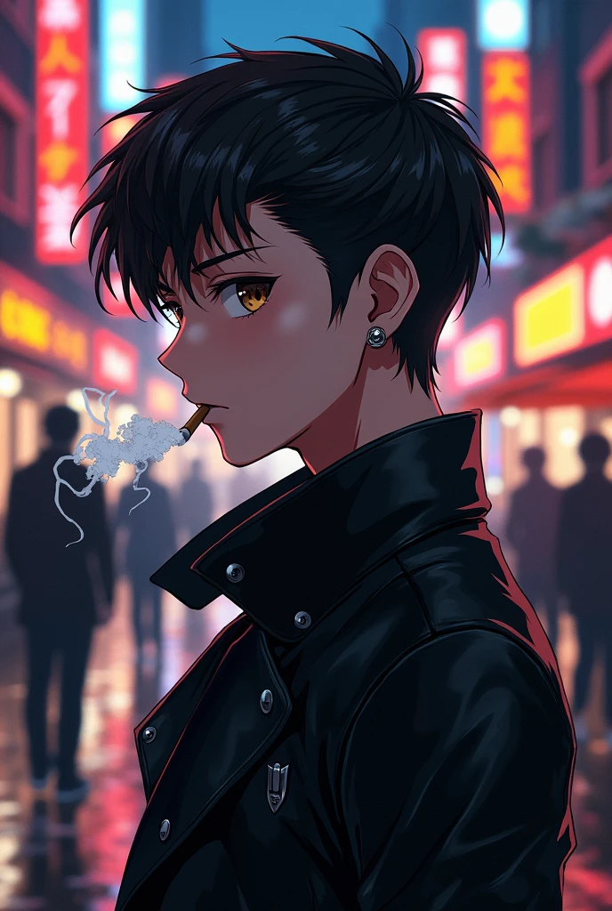 A handsome boy with thin facial features, with brown eyes, one steel earring in left ear
 side shot, on the street, with a cigarette in his mouth, wearing a leather coat in anime 
