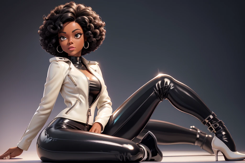 obra prima, melhor qualidade, ((only one woman,)) ((diana ross, dark black skin, short afro style hair,)) erect cone tits, ((wearing shiny cream leather biker moto jacket,)) ((jacket has padded shoulders, jacket has stiff high collar,)) (((wearing shiny cream leather pants,))) (((pants unzipped showing pussy,))) body is very skinny, ((sitting back, legs spread,)) ((camera front view of body,)) shallow depth of field, highres, HD, 8k, anatomically correct