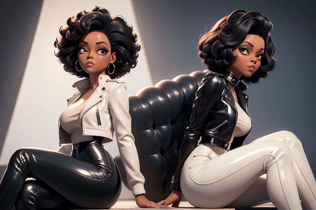 obra prima, melhor qualidade, ((only one woman,)) ((diana ross, dark black skin, short afro style hair,)) erect cone tits, ((wearing shiny cream leather biker moto jacket,)) ((jacket has padded shoulders, jacket has stiff high collar,)) (((wearing shiny cream leather pants,))) (((pants unzipped showing pussy,))) body is very skinny, ((sitting back, legs spread,)) ((camera front view of body,)) shallow depth of field, highres, HD, 8k, anatomically correct