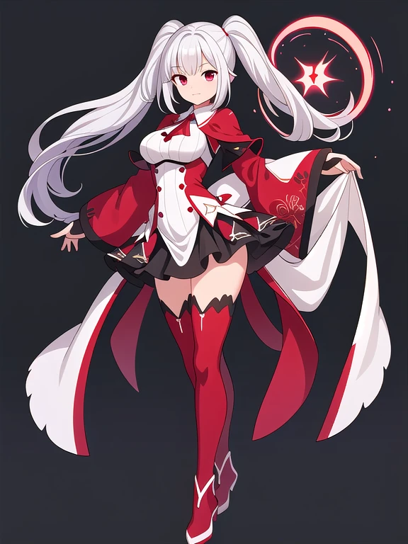1girl, white hair, bangs, blunt bangs, vampire, frilled skirt, red windbreaker, modern windbreaker, modern, modern outfit, Columbia Women's Switchback III Jacket, hood down, pointy ears, looking at viewer, smile, solo, amused expression, smug, thigh-highs, red eyes, full body, simple background, white background, anime, (((modern day))), reference sheet, UHD, best quality