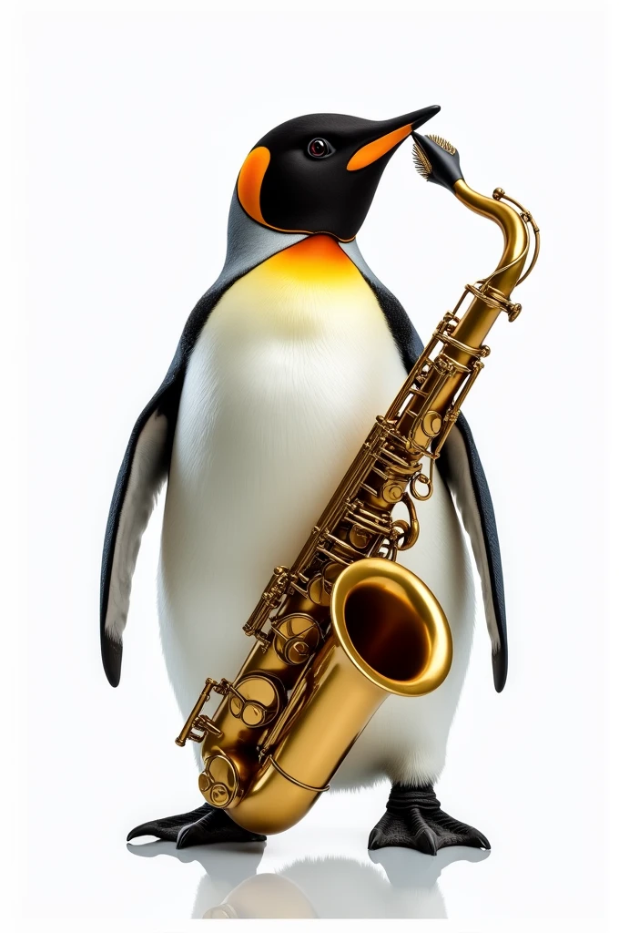 Penguin on white background holding a saxophone with its flippers