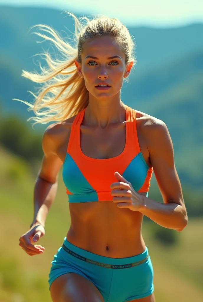 blonde girl, blue eyes, beautiful, attractive, 24 years old, large breasts, athletic, detailed face, detailed eyes, detailed lips, long eyelashes, beautiful detailed skin, muscular body, athletic pose, colorful sports outfit, running, (best quality,4k,8k,highres,masterpiece:1.2),ultra-detailed,(realistic,photorealistic,photo-realistic:1.37),highly detailed portrait,cinematic lighting,vibrant colors,dynamic composition