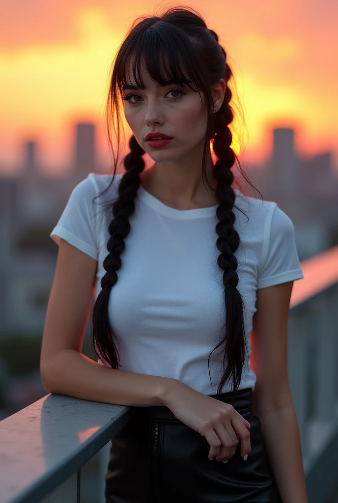 Yuliia Levchenko, 1girl, solo, braid, looking at viewer, leather skirt, white tshirt, long hair, traditional media, signature, bangs, makeup, black hair, upper body, lipstick, drill hair, twin braids, background city,leaning on the rooftop railing, arching her back, sunset