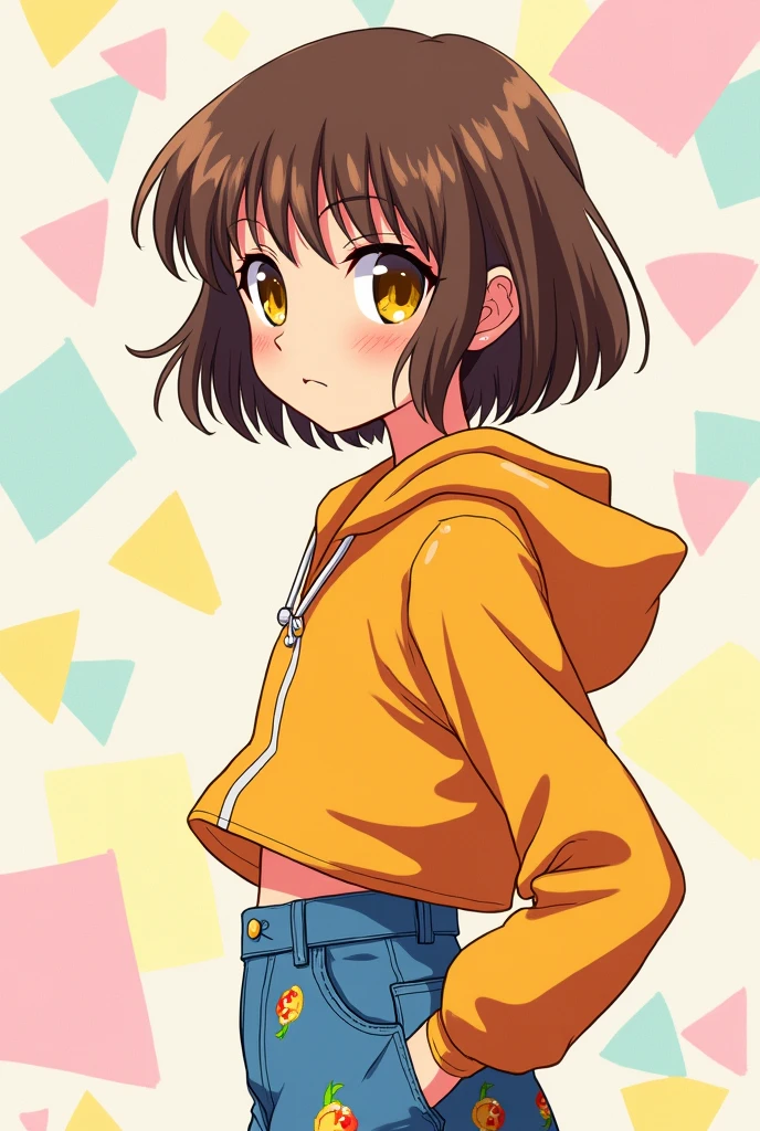Profile girl , short, shoulder-length brown hair, yellow eyes, wearing 1990s clothing. anime style.