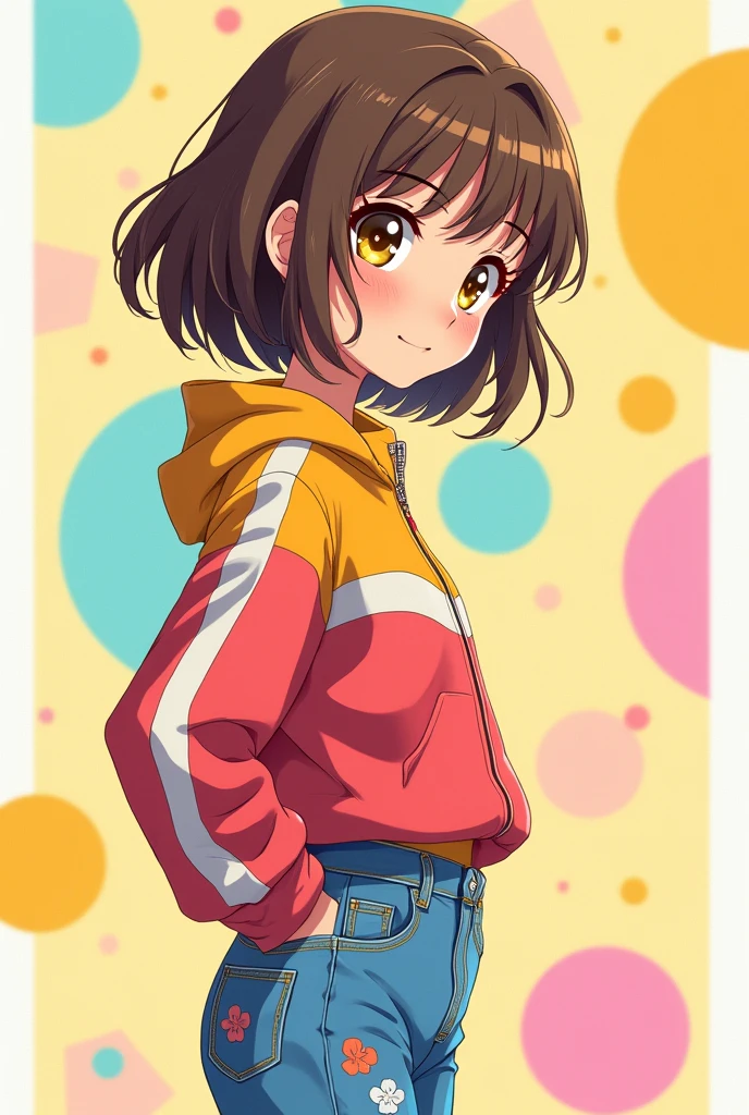 Profile girl , short, shoulder-length brown hair, yellow eyes, wearing 1990s clothing. anime style.