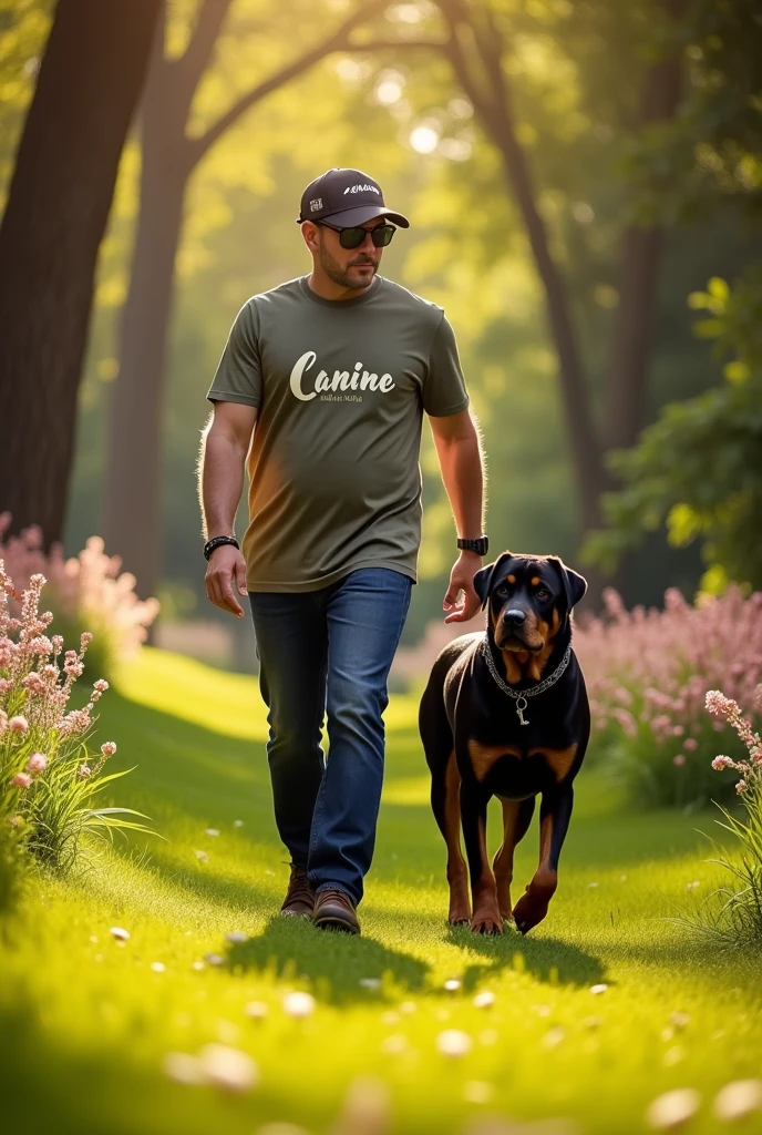 Detailed depiction of a man walking a Rottweiler。Detailed depiction of nature。All live-action。The man in the photo is wearing a T-shirt that says Canine and a cap that says Canine.。Poster for a high-end brand。Expressing luxury and hope。High-brand poster、Insert the text &quot;May all dogs be happy&quot; at the top of the photo。A portion of all Canine product sales will be donated to dog rescue organizations.。and Insert