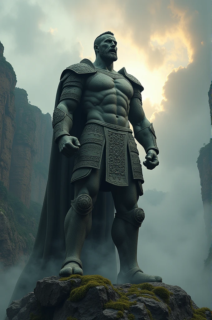 Sculpture、Stone statue、male、Warrior、hero、Shocked expression、Surprised expression。