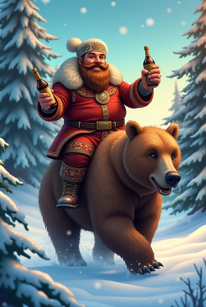 Fat Russian riding a bear drinking vodka with a hat.