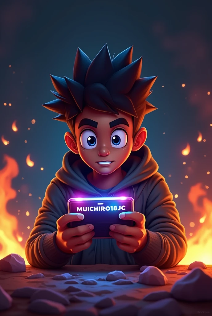 Create a mascot where it is a brown-skinned adult gamer guy playing with a phone that says MUICHIRO18JC below and a dark background with flames in the distance