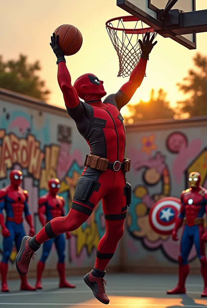 Wade Wilson shooting a goal (in basketball), wearing the Deadpool costume, while other Marvel characters watch